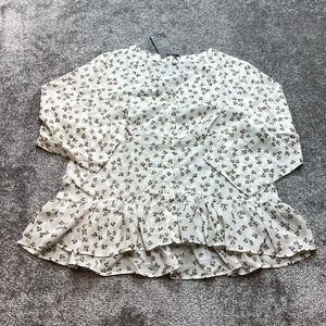 Tasamo Blouse Top Womens 2XL White Floral Button Up Long Sleeve Shirt New NWT